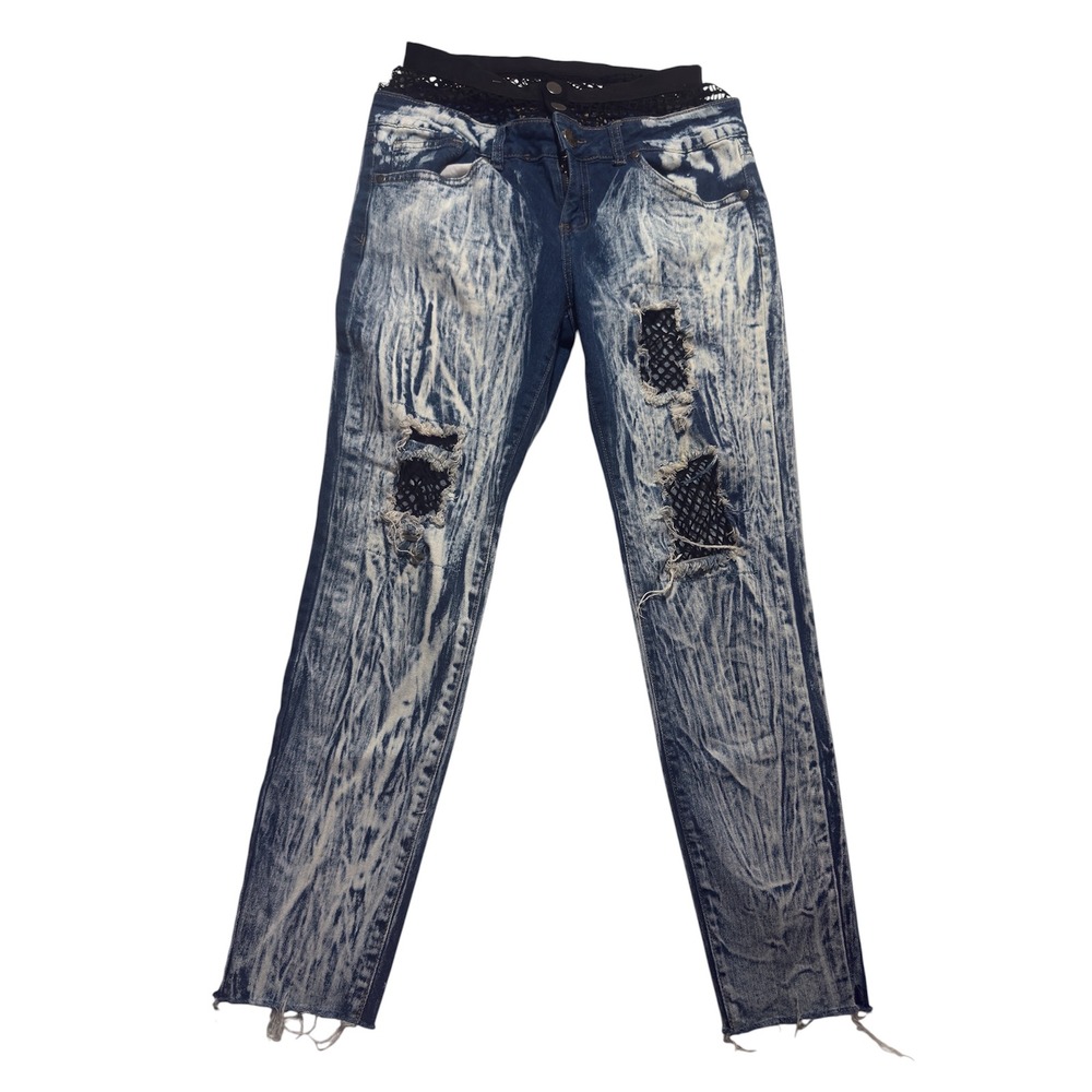 VIP Jeans Blue‎ Acid Wash Distressed Fishnet Waistband 32" Women Grunge Stretch